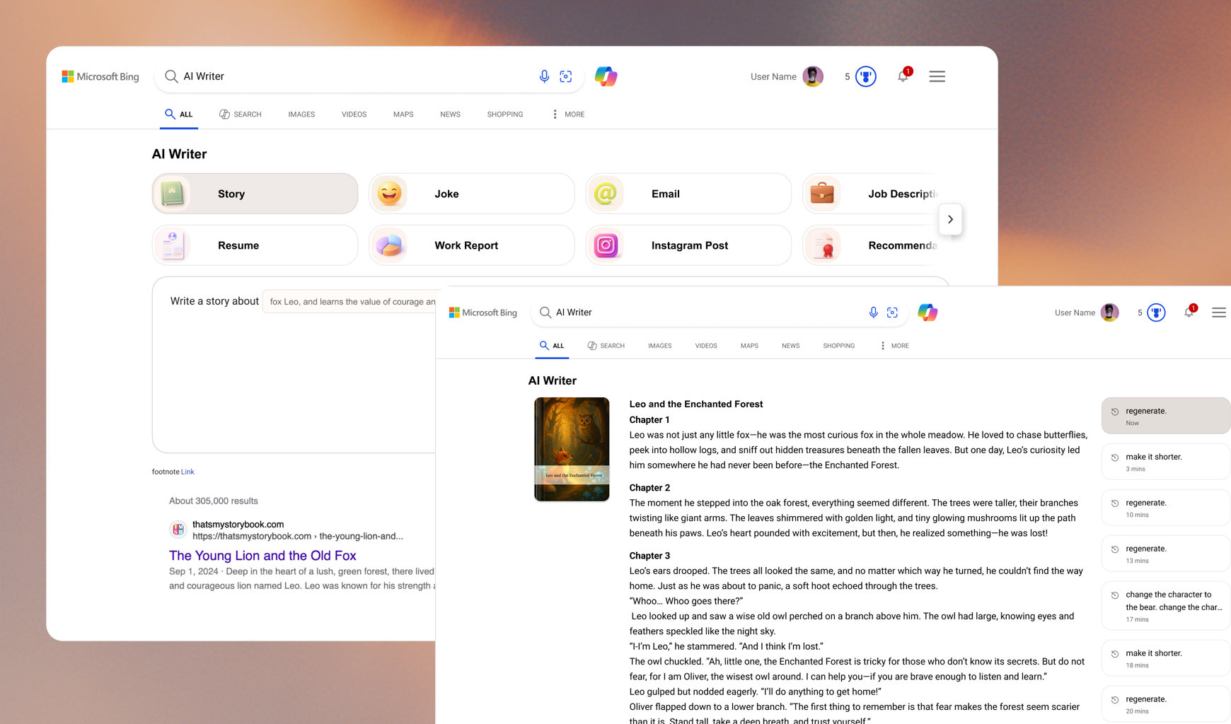 Bing Text Creator creation experience