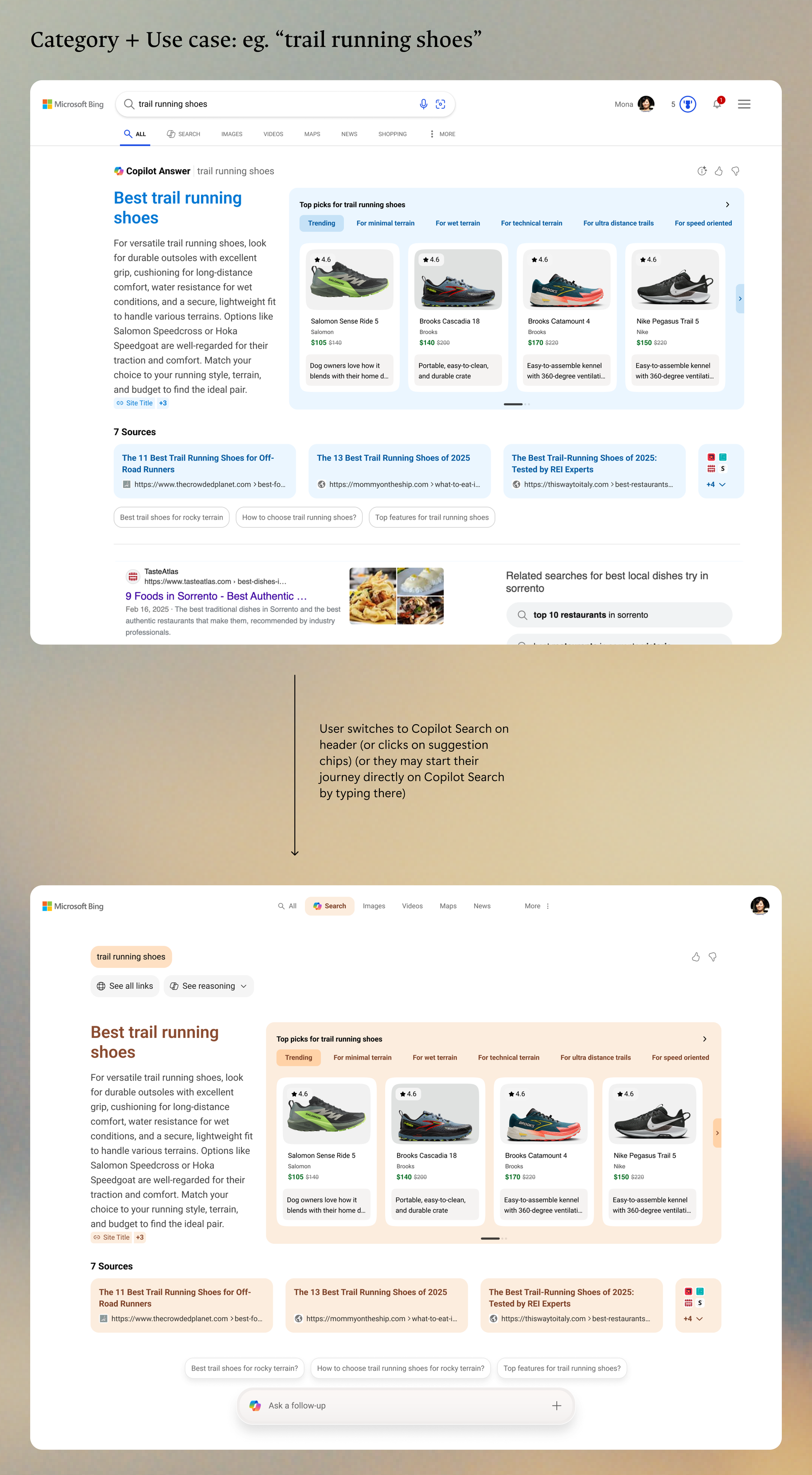 Entering AI Mode from a category plus use case query, trail running shoes
