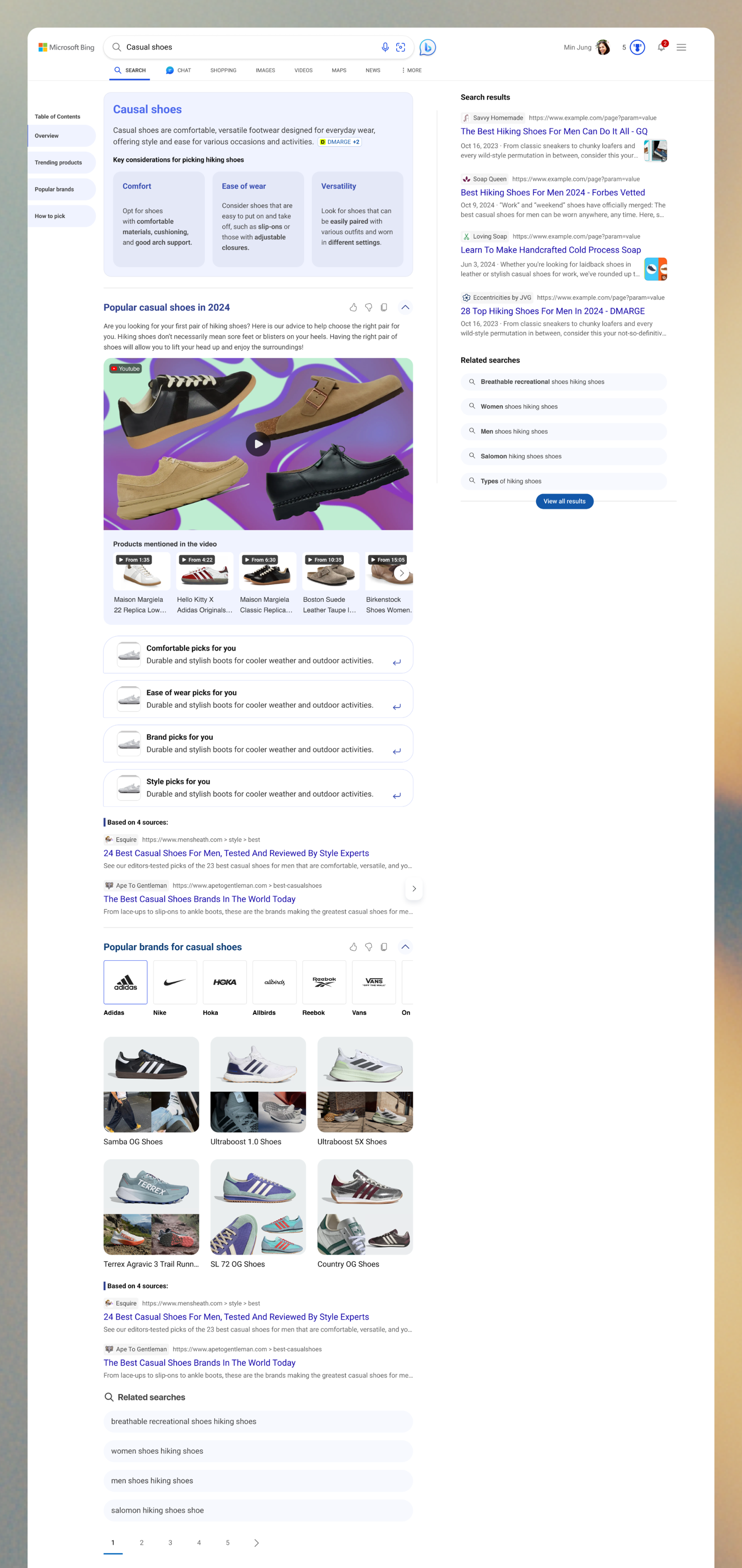 Generative shopping search result for a casual shoes query