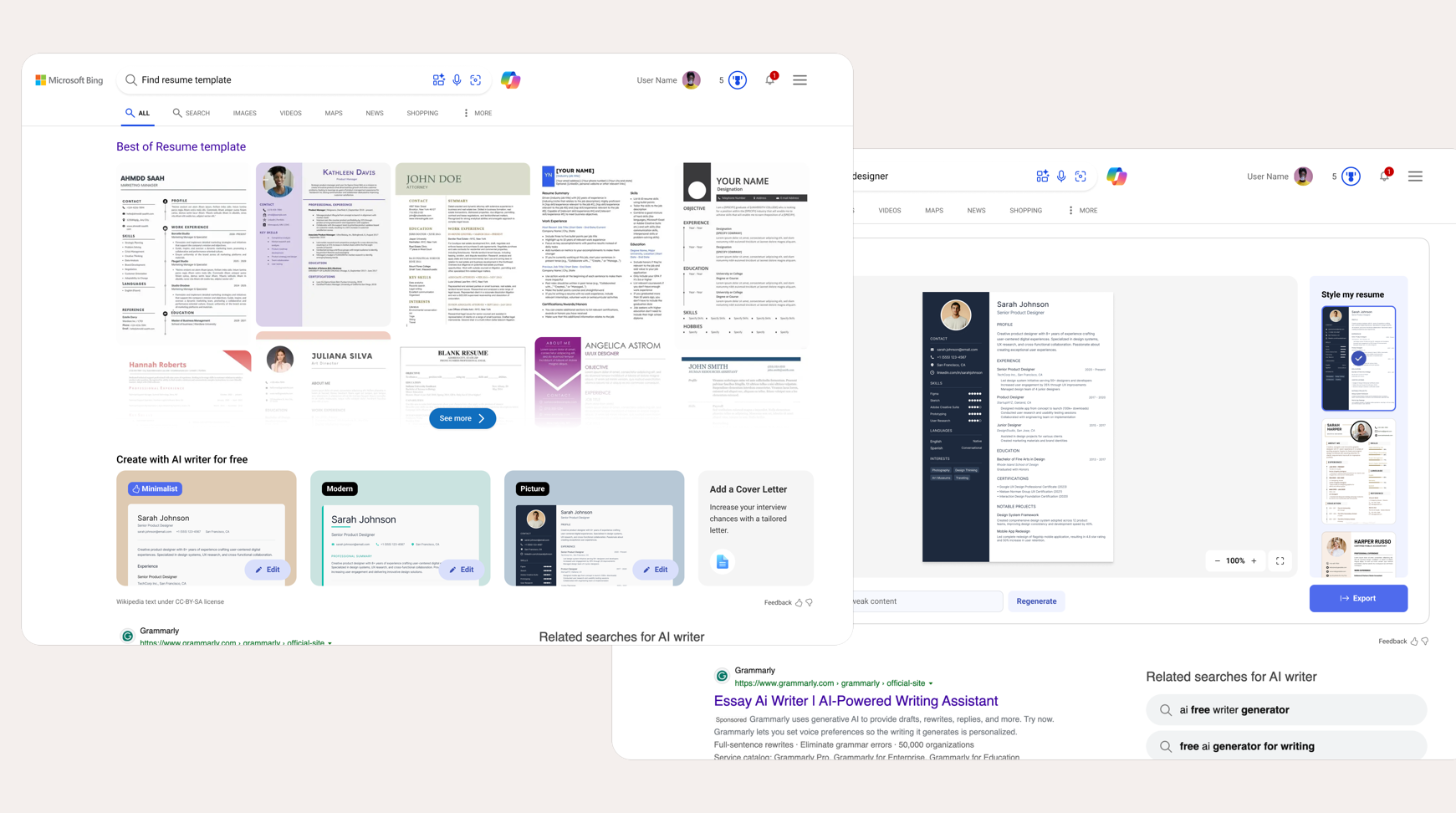 Bing Text Creator generating and styling a resume