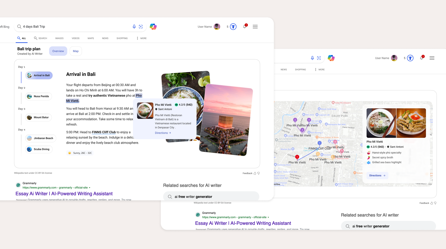 Bing Text Creator generating a Bali trip plan