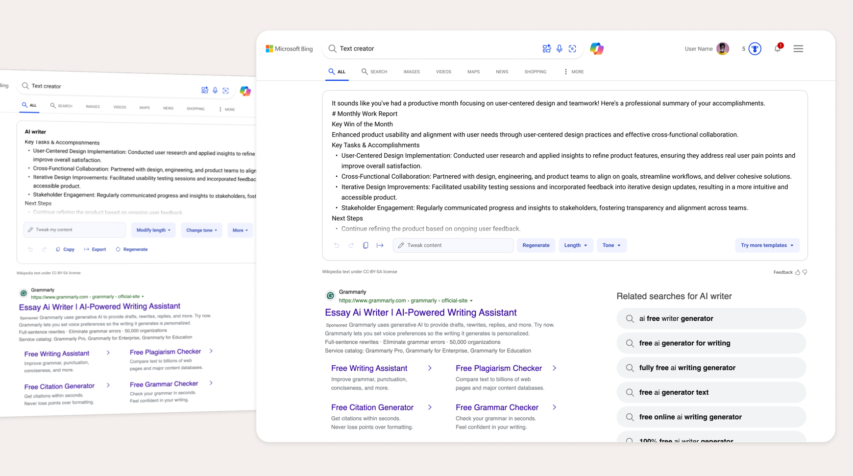 Bing Text Creator generating and refining professional writing