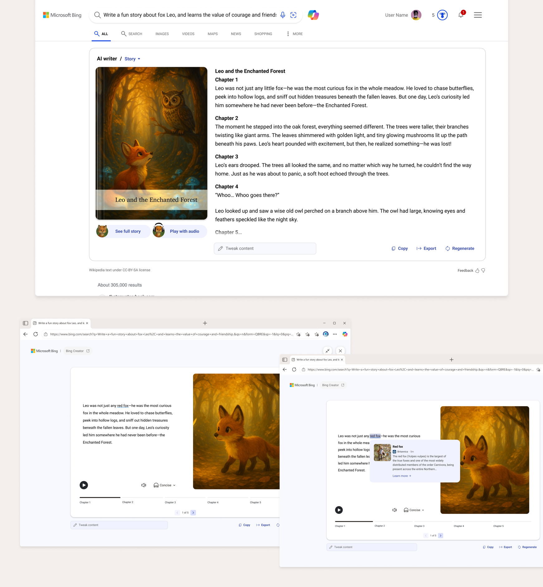 Bing Text Creator story experience showing a red fox entity linking back into search