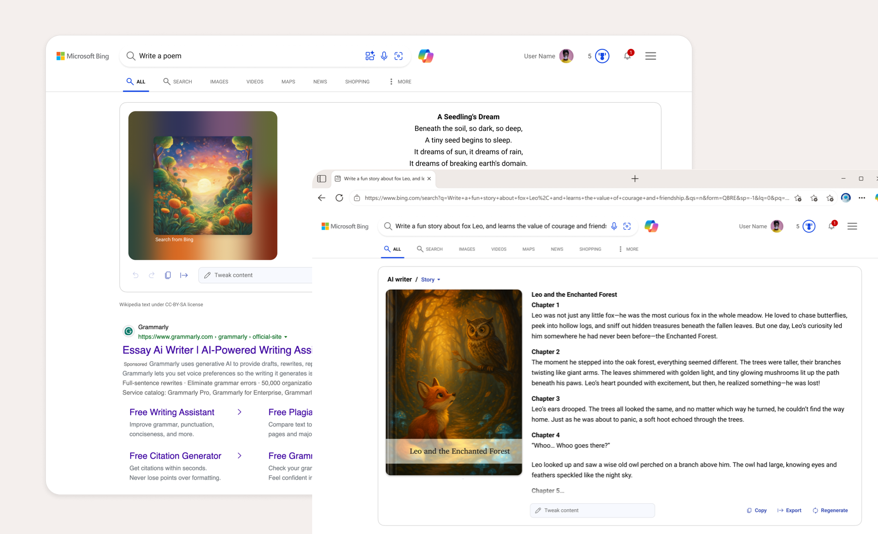 Bing Text Creator showing AI-generated illustrations for a poem and a story
