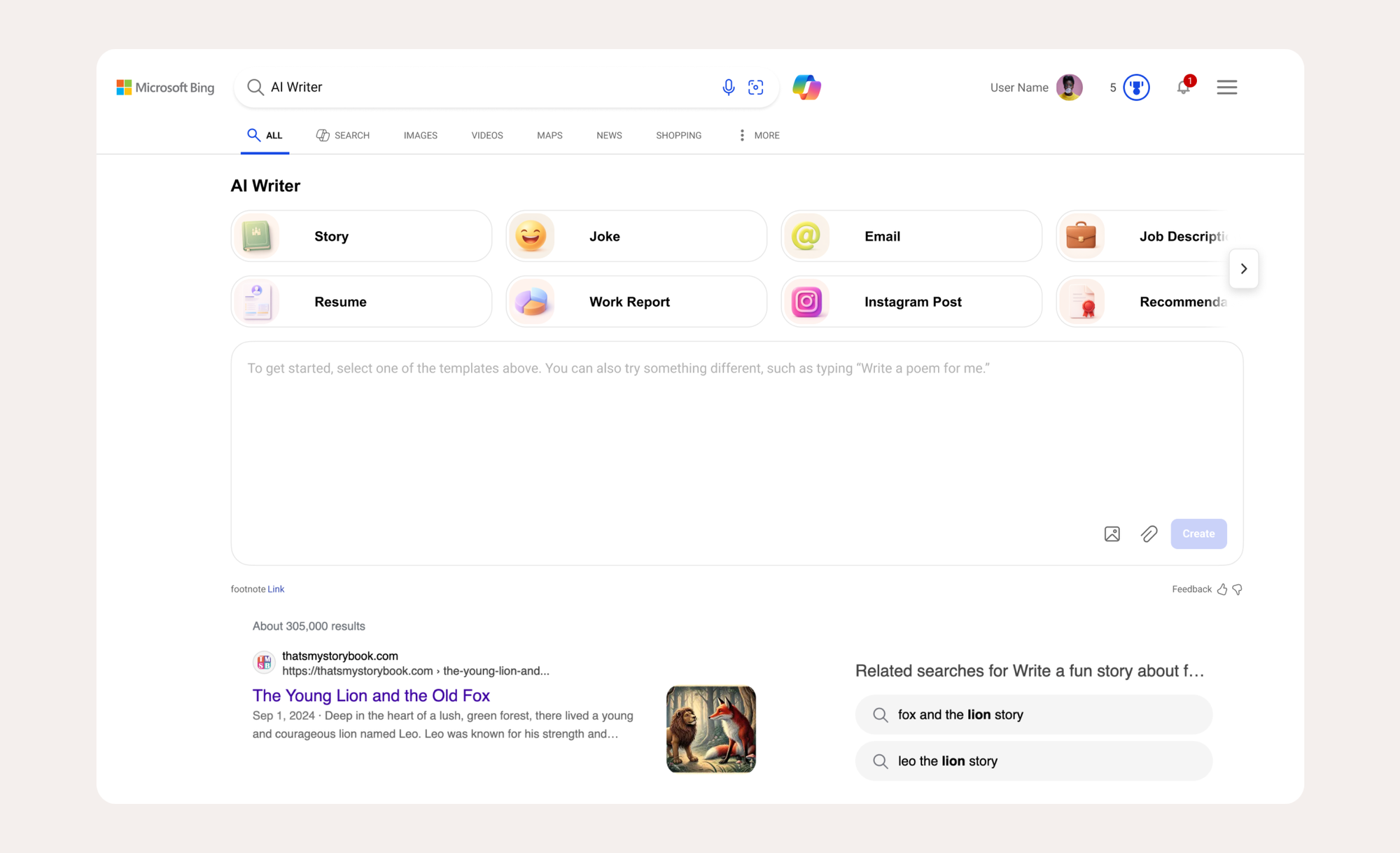 Bing Text Creator entry point on the SERP: scenario templates such as Story, Joke, Email and Resume above an open prompt box